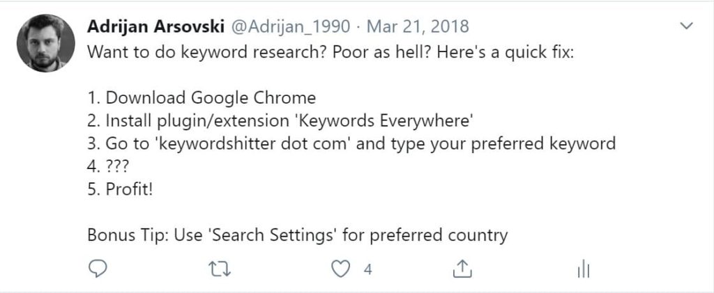 A 2008 tweet about combining two web-based apps, keyword sheeter and keywords everywhere, for a free keyword research campaign.